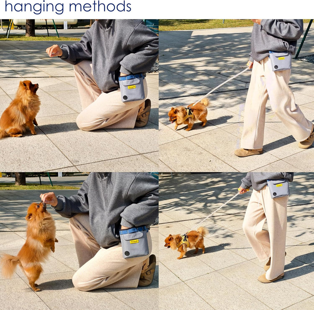 Dog Treat Pouch for Pet Walking and Training with Clicker 2 Cup Silicone Bag Small Fanny Pack Holder for Puppy Snack Dispenser Kit for Leash and Outdoor Use (Gray)