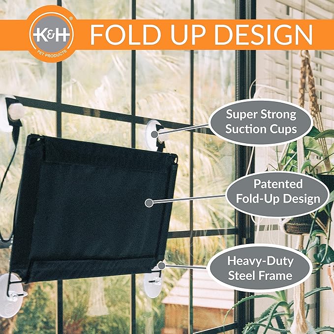 K&H Pet Products EZ Mount Double Stack Cat Window Perch for Large Cats, Sturdy Window Hammock Bed, Steel Frame, Sturdy Suction Cups, 2 Washable Shelf Covers, Foldable - Fits 27"W X 31"H Glass Spaces