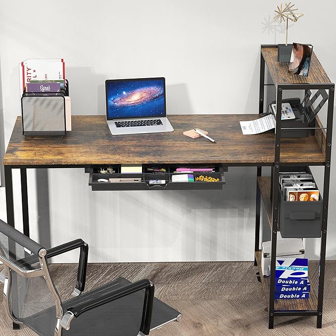 SHW 46-Inch Home Office Mission Computer Desk with Side Shelf and Drawer, Rustic Brown