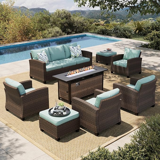 HERA'S HOUSE Patio Furniture Set with Fire Pit Table, Outdoor Wicker Furniture, All Weather Deep Seating Conversation Sofa Set, Brown Rattan Chairs for Deck Backyard, Blue