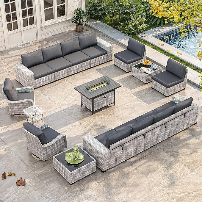 16 Piece Outdoor Wicker Rattan Sectional Sofa Set with Swivel Chairs & Fire Pit Table, 12-Seats with 4" Thickened Cushions & Coffee Table, All-Weather PE Rattan for Garden, Backyard, Porch, Black