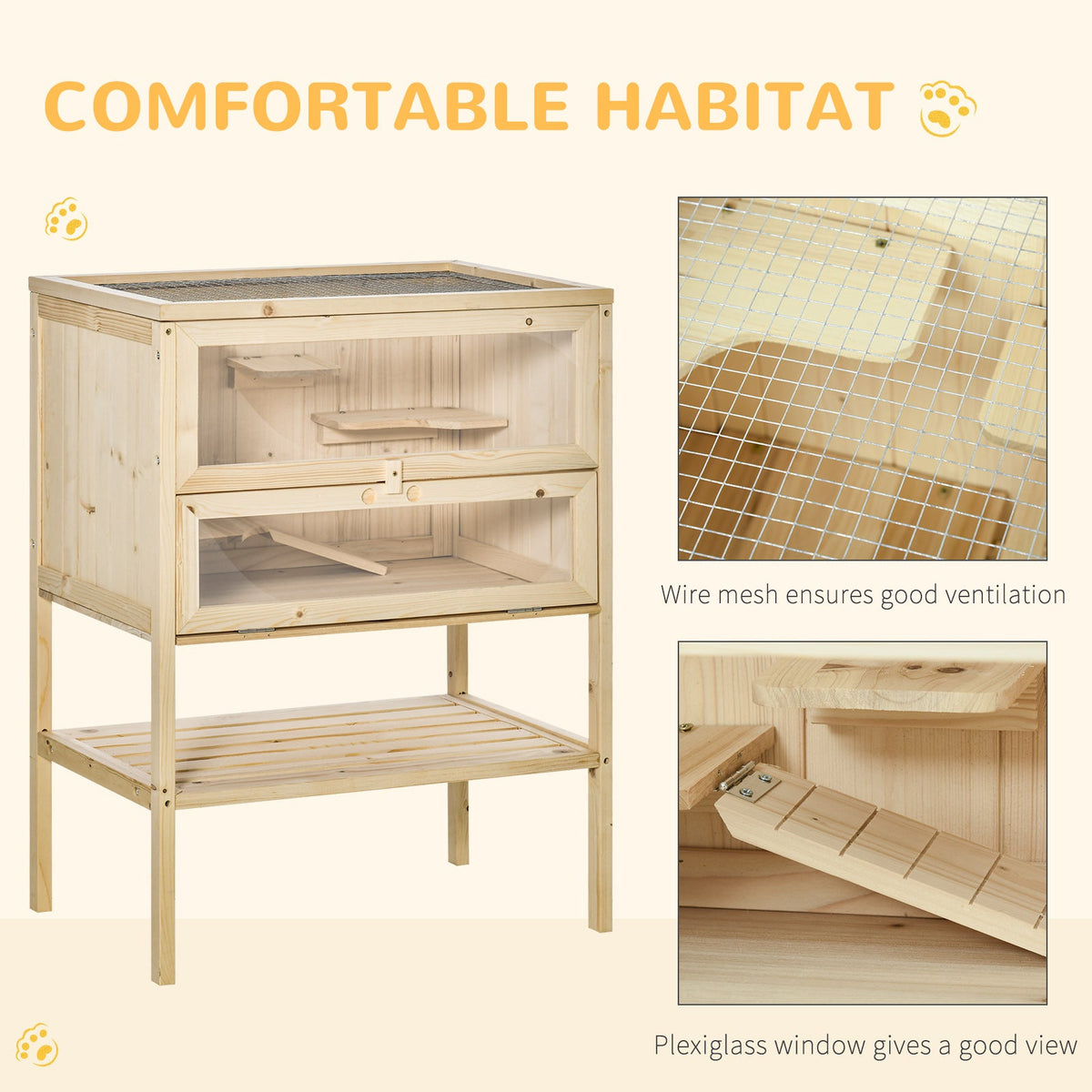 3-Tier Wooden Hamster Cage Mice and Rat Cage Small Animals Hutch with Openable Top, Front Door, Shelf, Natural Wood