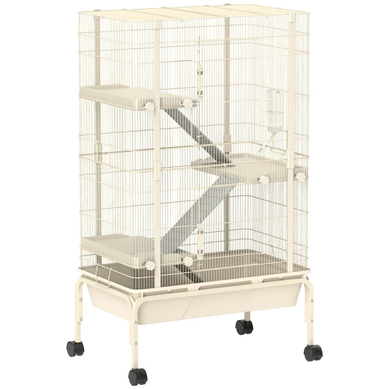 47inch Small Animal Cage, 4 Levels Large Rolling Metal Ferret Cage W 5.9Deep Tray, Ramps, Water Bottle, Food Dish, Beige