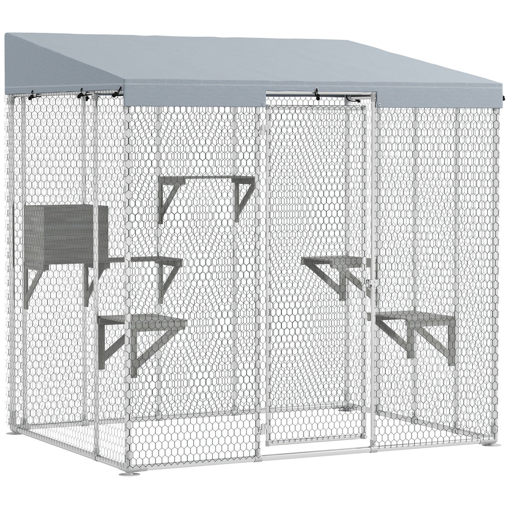 79" Galvanized Steel Large Catio with Waterproof Canopy, Sleeping Box, Jumping Platforms, for 1-3 Kittens, Silver