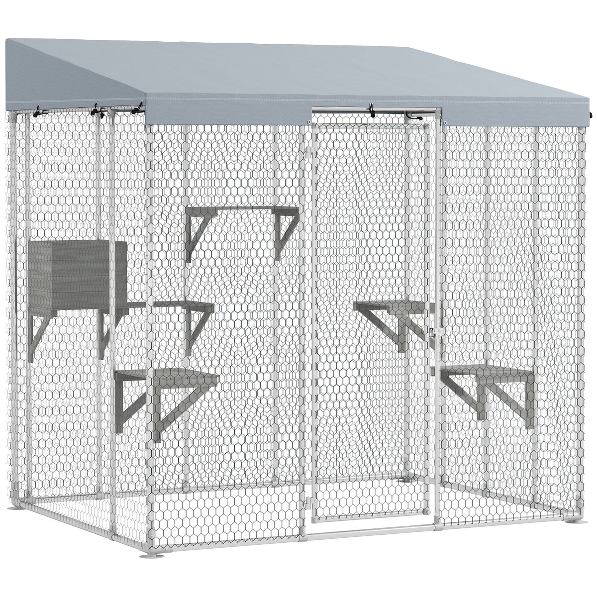 79" Galvanized Steel Large Catio with Waterproof Canopy, Sleeping Box, Jumping Platforms, for 1-3 Kittens, Silver