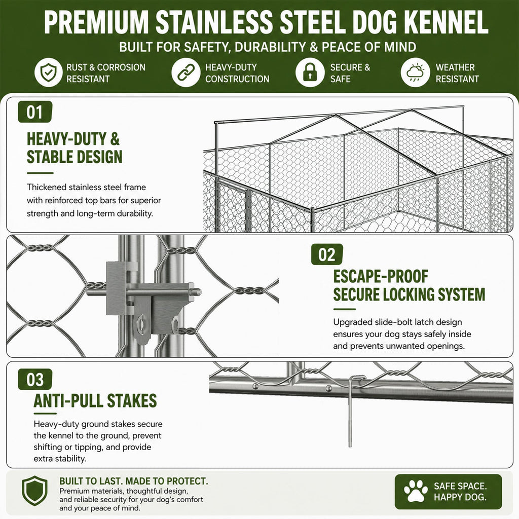 15x10 FT Large Outdoor Dog Kennel with Canopy, Heavy Duty Galvanized Steel Frame, Waterproof Cover, All-Weather Protection, Escape-Proof Lockable Pet Playpen for Large Dogs, Multiple Animals.