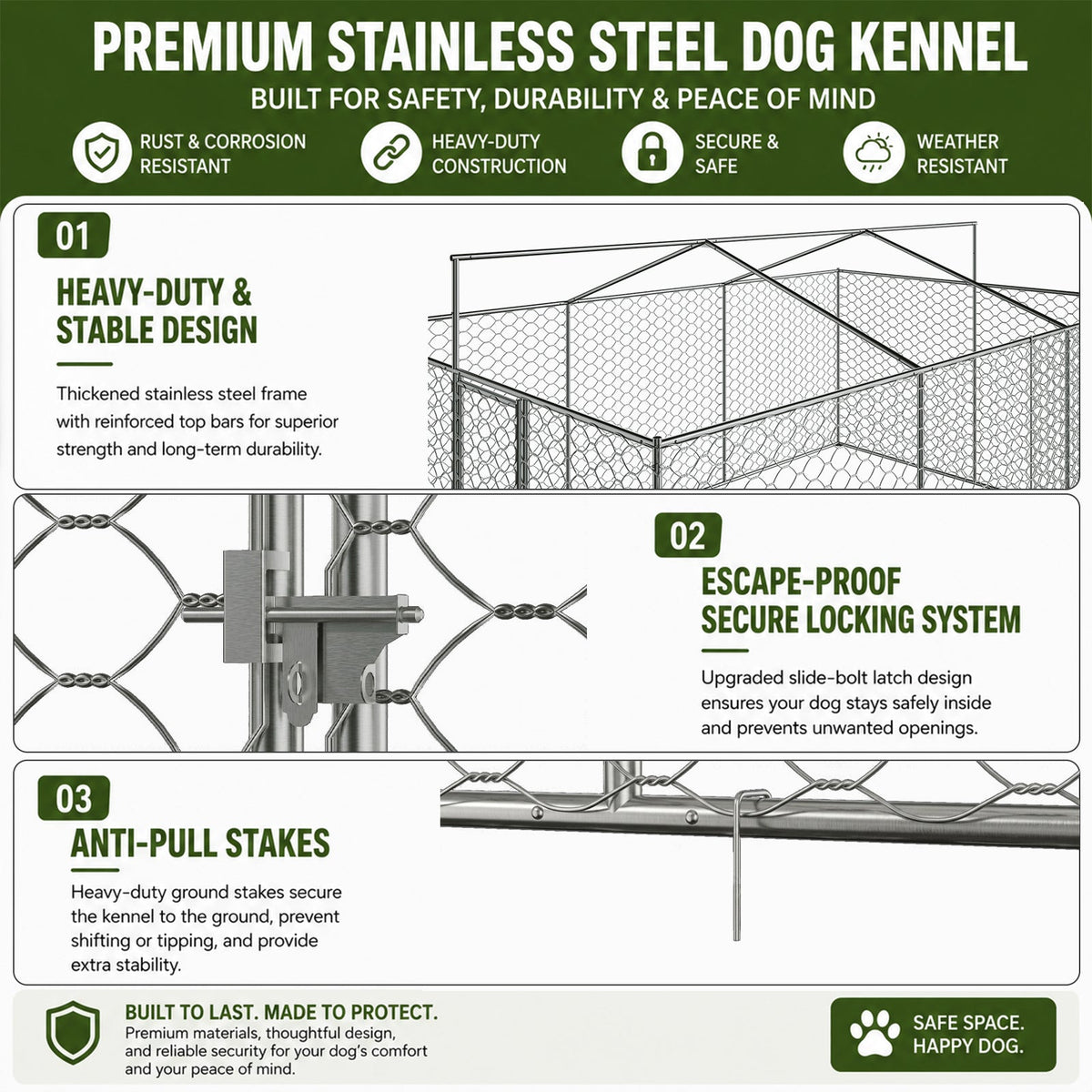 15x10 FT Large Outdoor Dog Kennel with Canopy, Heavy Duty Galvanized Steel Frame, Waterproof Cover, All-Weather Protection, Escape-Proof Lockable Pet Playpen for Large Dogs, Multiple Animals.