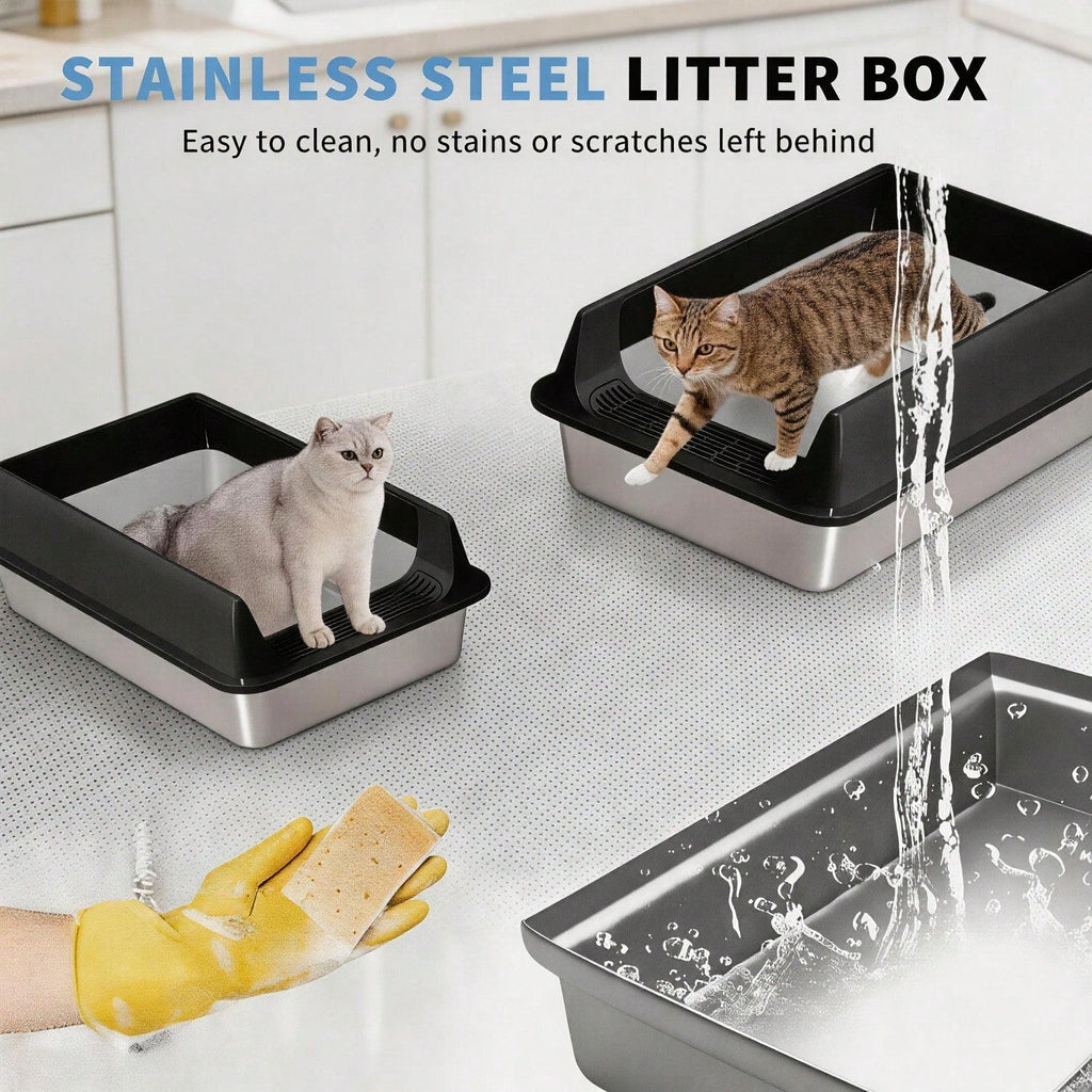 Stainless Steel Cat Litter Box, Large Open Top Litter Box With Anti Splash High Sides, Anti Tracking Pedal, Easy To Clean, Non Stick, Odor Resistant For Big Cats, Multi Cat Homes