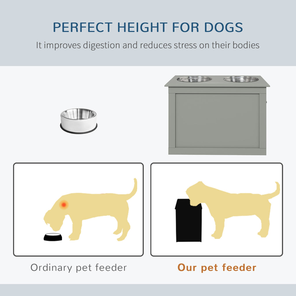 Raised Pet Feeding Storage Station with 2 Stainless Steel Bowls Base for Large Dogs and Other Large Pets, Gray