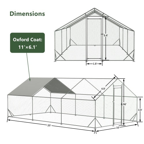 Large Metal Chicken Coop, Walk-in Chicken Run,Galvanized Wire Poultry Chicken Hen Pen Cage, Rabbits Duck Cages With Waterproof And Anti-Ultraviolet Cover For Outside10 L X 20W X 6.56H