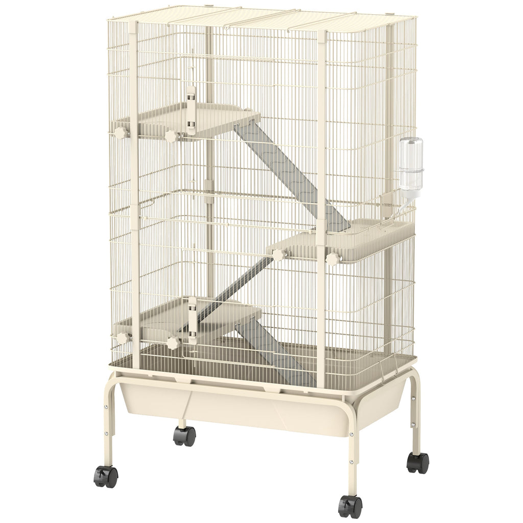 47" Small Animal Cage, 4 Levels Large Rolling Metal Ferret Cage w/ 5.9" Deep Tray, Ramps, Water Bottle, Food Dish, Beige