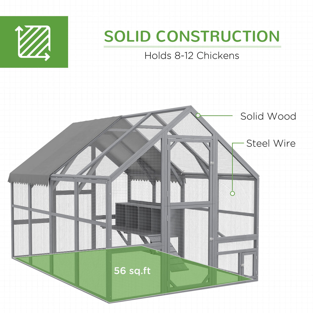 9 x 6 x 6 Large Chicken Coop with Nesting Box, Water-Resistant and Anti-UV Cover for 8-12 Chickens, Gray