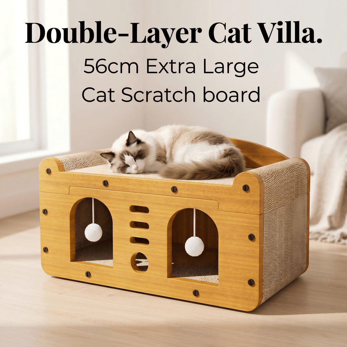 Multi-Style Double-Layer Cat Scratcher House, 2-Tier Large Cat Villa Bed With Corrugated Cardboard, Interactive Hanging Balls & Ergonomic Neck Support, Furniture-Saving Hideaway Cave For Indoor Cats