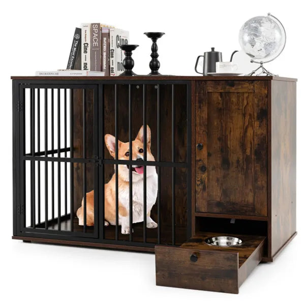 Coffee 2-in-1 Dog Crate End Table With Pull-Out Feeder, Chew-Resistant Metal Tube Pet Furniture For Small & Medium Dogs