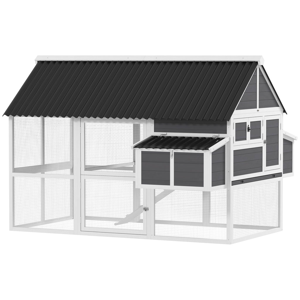 Wooden Chicken Coop with Run, 2 Nesting Boxes, 2 Roosting Bars, Ramp & Tray, Poultry Cage for 4-6 Chickens, Gray