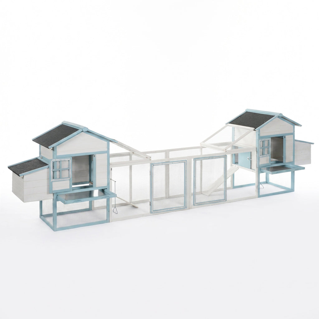 Large Wooden Chicken Coop with Double Nesting Boxes, Outdoor Walk-In Chicken Run with Waterproof Asphalt Roof, Fir Wood Poultry Cage with Pull-Out Dropping Trays, Blue & White Backyard Hen House