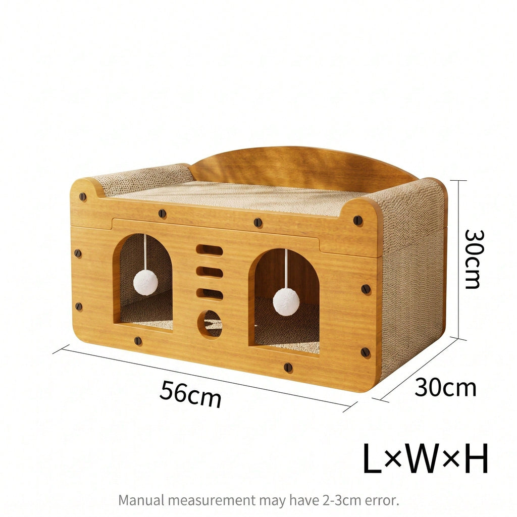 Multi-Style Double-Layer Cat Scratcher House, 2-Tier Large Cat Villa Bed With Corrugated Cardboard, Interactive Hanging Balls & Ergonomic Neck Support, Furniture-Saving Hideaway Cave For Indoor Cats