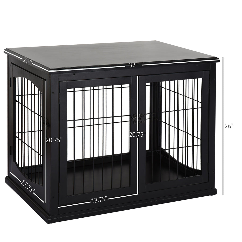 Dog Crate Furniture, 32" Small Dog Cage End Table with 2 Doors, Lockable Door, Puppy Kennel Indoor, Black