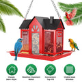 Metal Hanging Bird Feeder House Classic Barn Bird Feeder House Iron Hanging Outdoor Feeder With Visible Window And Lift Top Lid 15.75in Hanging Length Wild Birds Garden Yard Red&White
