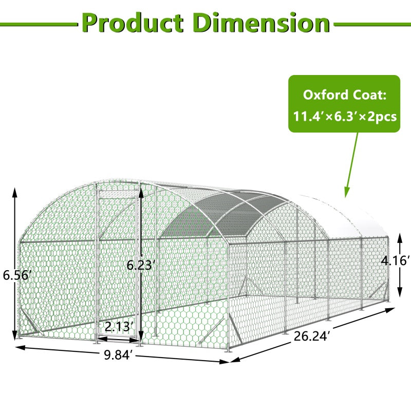26'x9'x6'Large Metal Chicken Coop,Walk-in Poultry Cage,Chicken Run With Waterproof Cover,Outdoor Backyard Farm,Chicken Rabbits Duck Run Pen,Easy To Assemble And Clean
