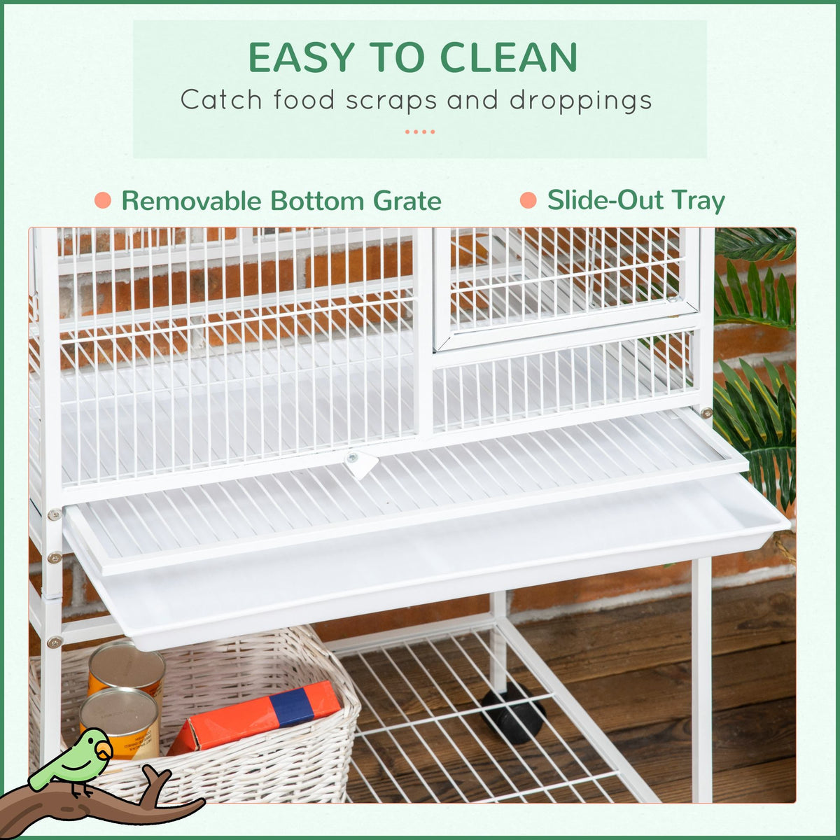 55" Large Parrot Cage with Toy Hooks Above Top Bird Perch, Tray, Food Cups, Rolling Stand, Bird Cage for Cockatiels, Parakeets, Lovebirds