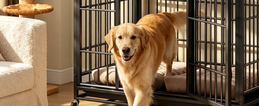 Heavy Duty Dog Crate , Mobile Pet Kennel with Lockable Wheels & Rotary Twist-Latch, Indoor Outdoor Metal Cage with Perforated Top