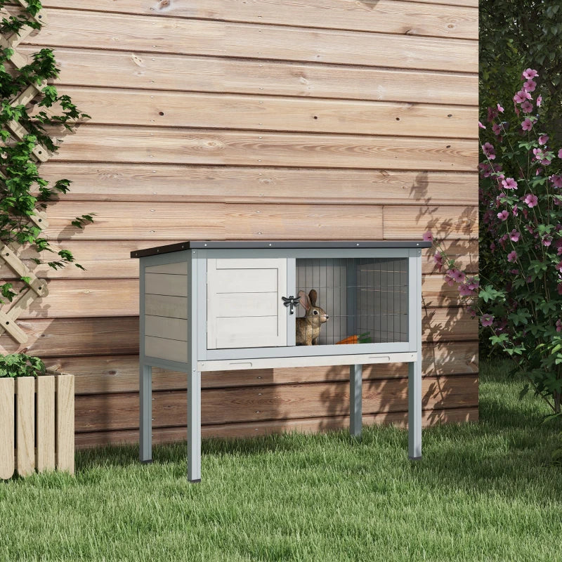 Elevated Rabbit Hutch, Wooden Bunny Cage With Hinged Asphalt Roof And Removable Tray, For IndoorOutdoor, Gray