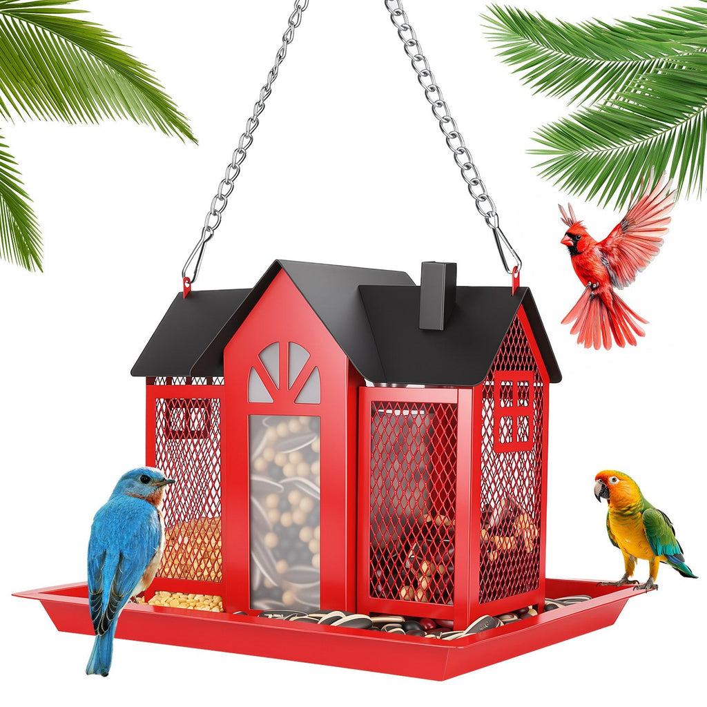 1Pc  Metal Hanging Bird Feeder House Classic Barn Bird Feeder House Iron Hanging Outdoor Feeder With Visible Window And Lift Top Lid 15.75in Hanging Length Wild Birds Garden Yard
