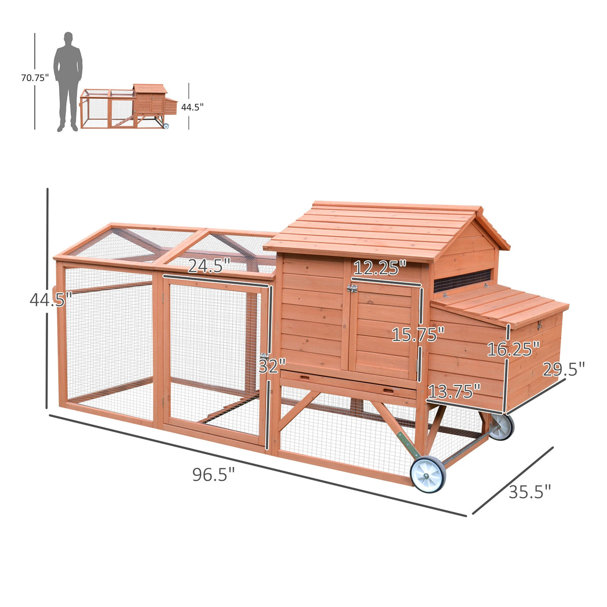 96.5" Chicken Coop Wooden Hen House Poultry Cage Pen Portable with Wheels and Nesting Box, Chicken Cage for Backyard Outdoor, Natural
