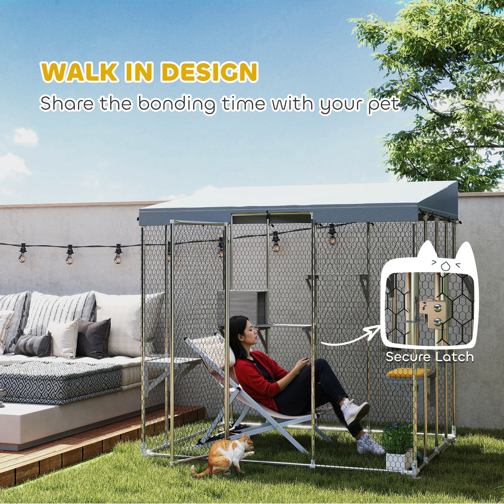 79" Galvanized Steel Large Catio with Waterproof Canopy, Sleeping Box, Jumping Platforms, for 1-3 Kittens, Silver