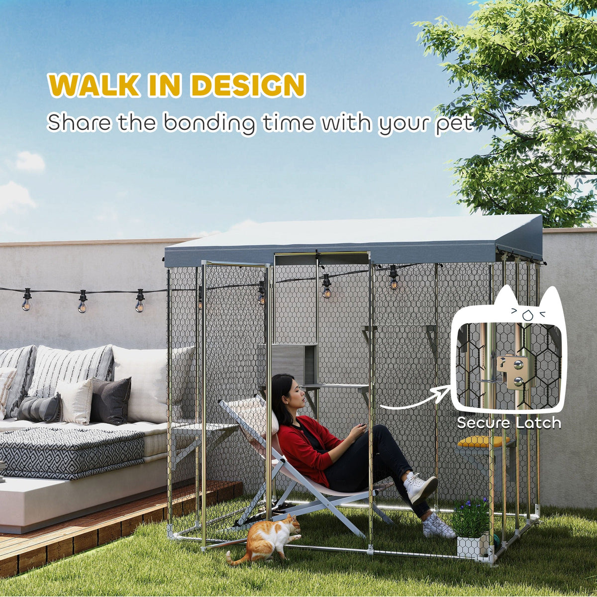 79" Galvanized Steel Large Catio with Waterproof Canopy, Sleeping Box, Jumping Platforms, for 1-3 Kittens, Silver