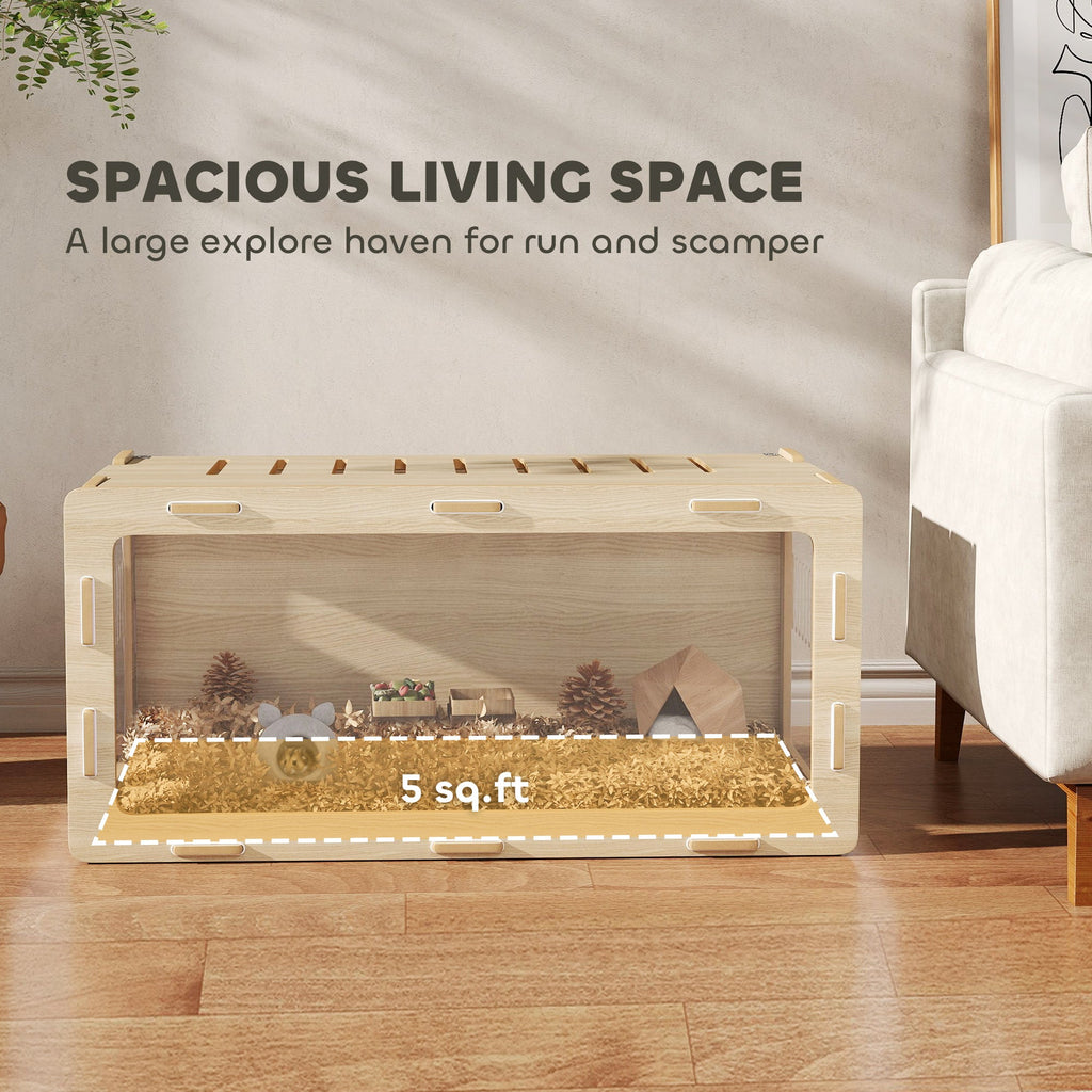 Hamster Cage with Easy View Acrylic Panels, Air Vents & Openable Roof, for Gerbil, Guinea Pig, 39" x 20" x 18.5", Oak