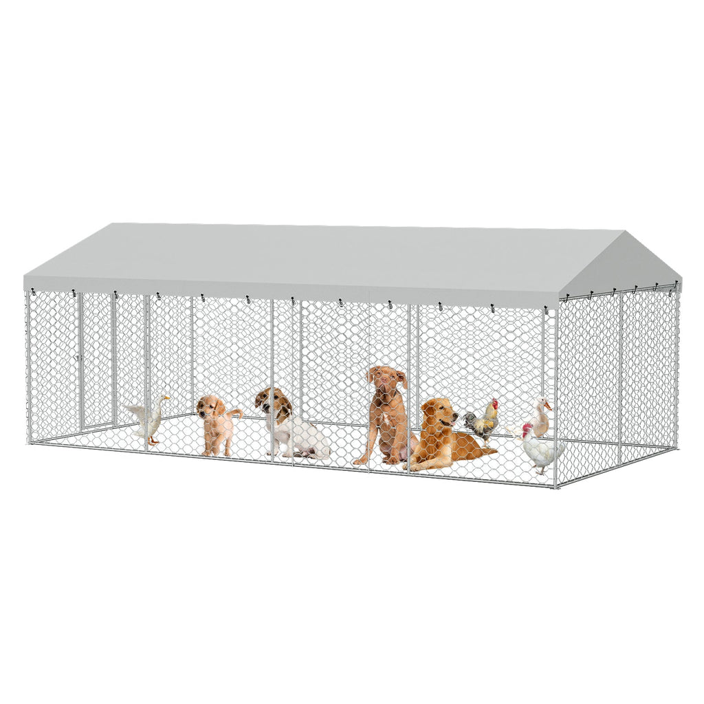 10x20 FT Large Outdoor Dog Kennel with Canopy, Heavy Duty Galvanized Steel Frame, Waterproof Cover, All-Weather Protection, Escape-Proof Lockable Pet Playpen for Large Dogs, Multiple Animals.