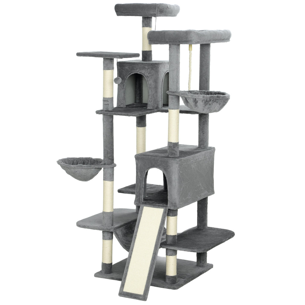 69" Cat Tree, Multi-Level Cat Tower with 2 Condos and 3 Hammocks, 8 Scratching Posts, for Multiple Cats, Dark Gray
