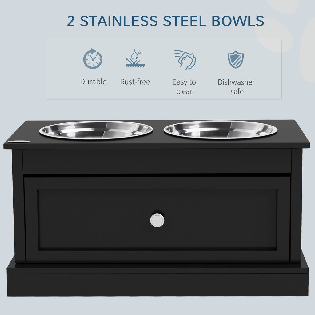 Elevated Dog Bowls with Storage Drawer, Raised Dog Bowl Stand Pet Food Bowl Dog Feeding Station, Black