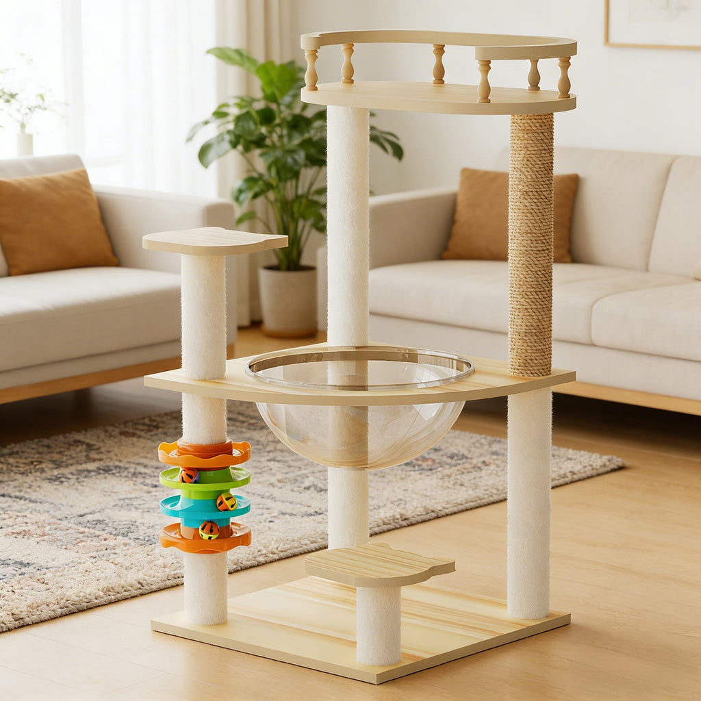 32.2" Modern Cat Tower, Wood Cat Tree Tower for Indoor Cats, Cat Treewith Sisal-Covered Scratching Posts and Top Perch, Cat Condo with Acrylic Hammock and Toys for Small Large Cats