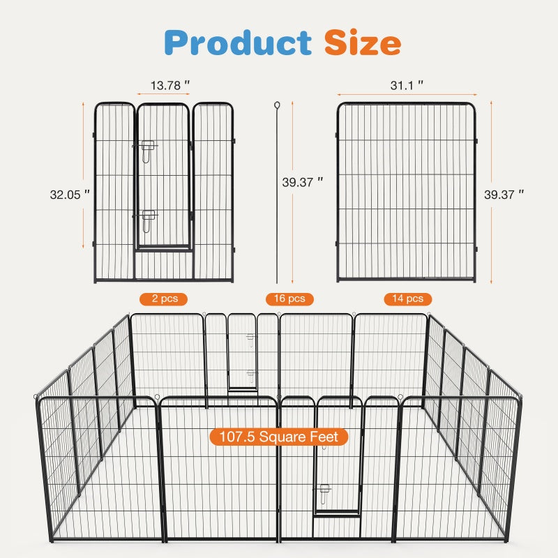 Dog Playpen Indoor Fence Height Metal Exercise Pen With Door Small Puppy Medium Large Dogs Animal Pet For Outdoor, Garden, Yard