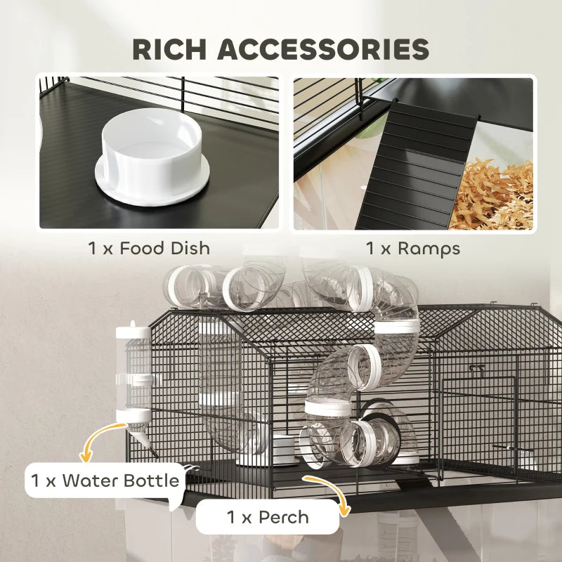 2 Tier Hamster Cage With 12 Deep Tray, Tube System, Water Bottle, Ramp, Feeding Bowl, Black