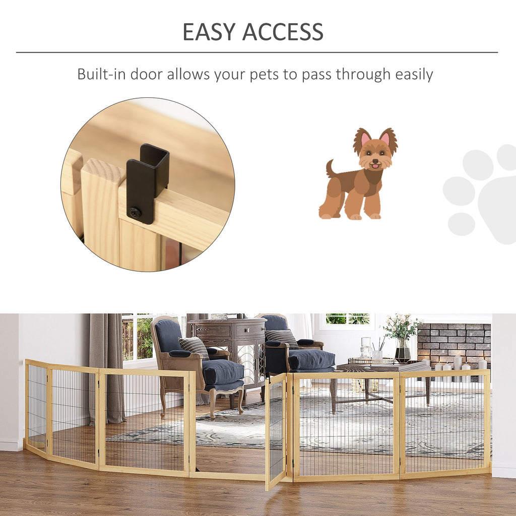 Wooden Pet Gate, 6-Panel Folding Dog Safety Barrier with Support Feet for Small & Medium Dogs, Natural Wood