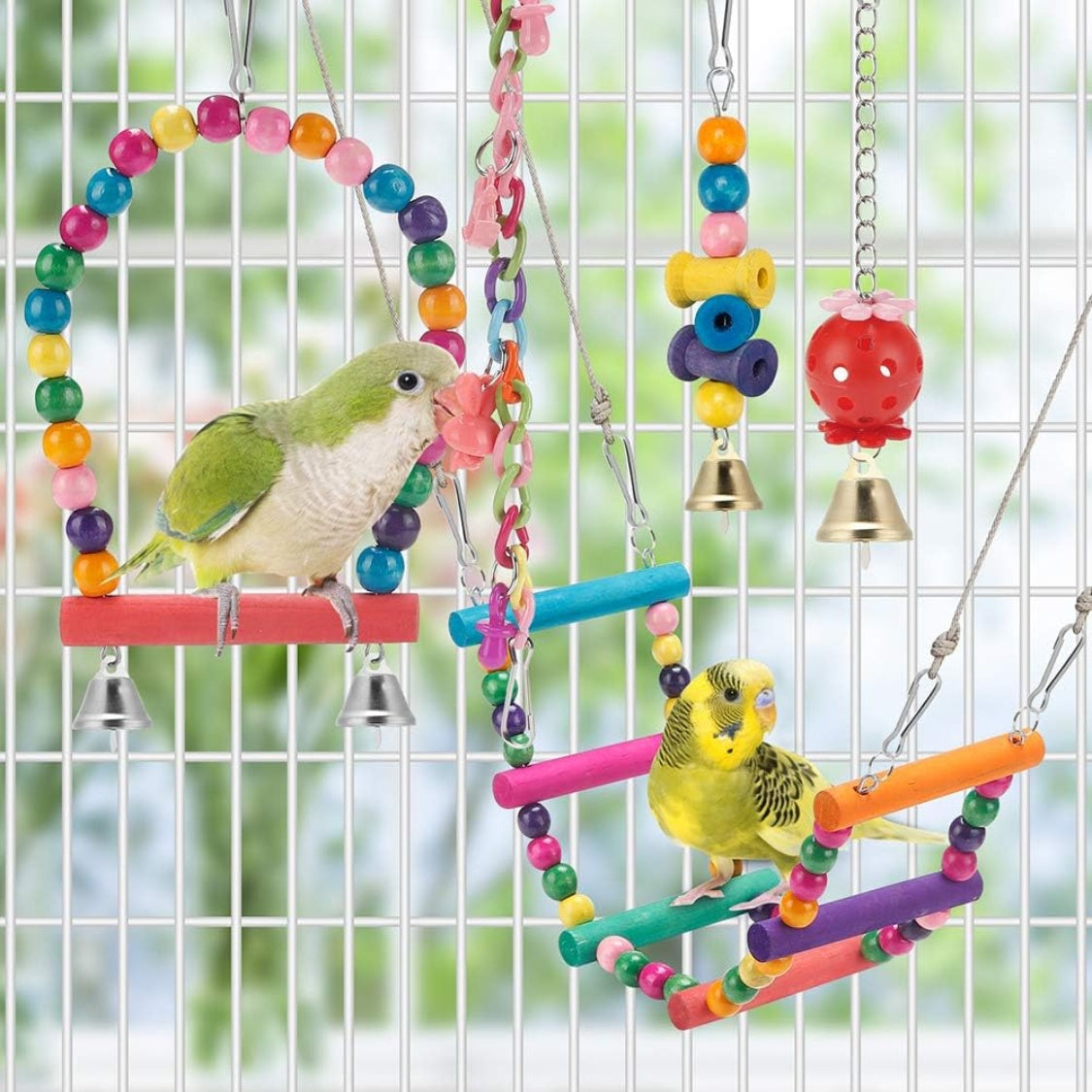 Bird Parakeet Toys Swing Hanging Standing Chewing Hammock Climbing Ladder Bird Cage Colorful Toys Suitable For Budgerigar