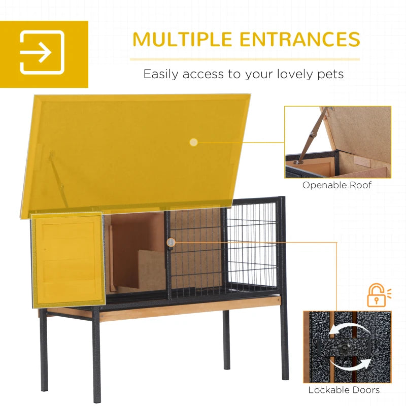 PawHut Rabbit Hutch Elevated Bunny Cage Small Animal Habitat With Metal Frame, No Leak Tray, Metal Wire Pan, Openable Water-Resistant Asphalt Roof For Rabbits, Chickens, Ducks, IndoorOutdoor Natural