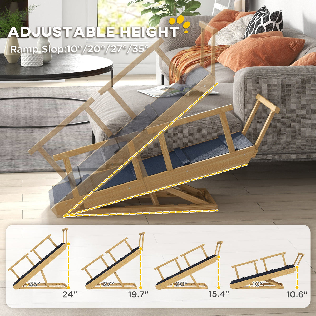 Dog Ramp, Adjustable Height Pet Steps, Foldable Dog Stairs with Non-slip Mat for Small to Large Dogs