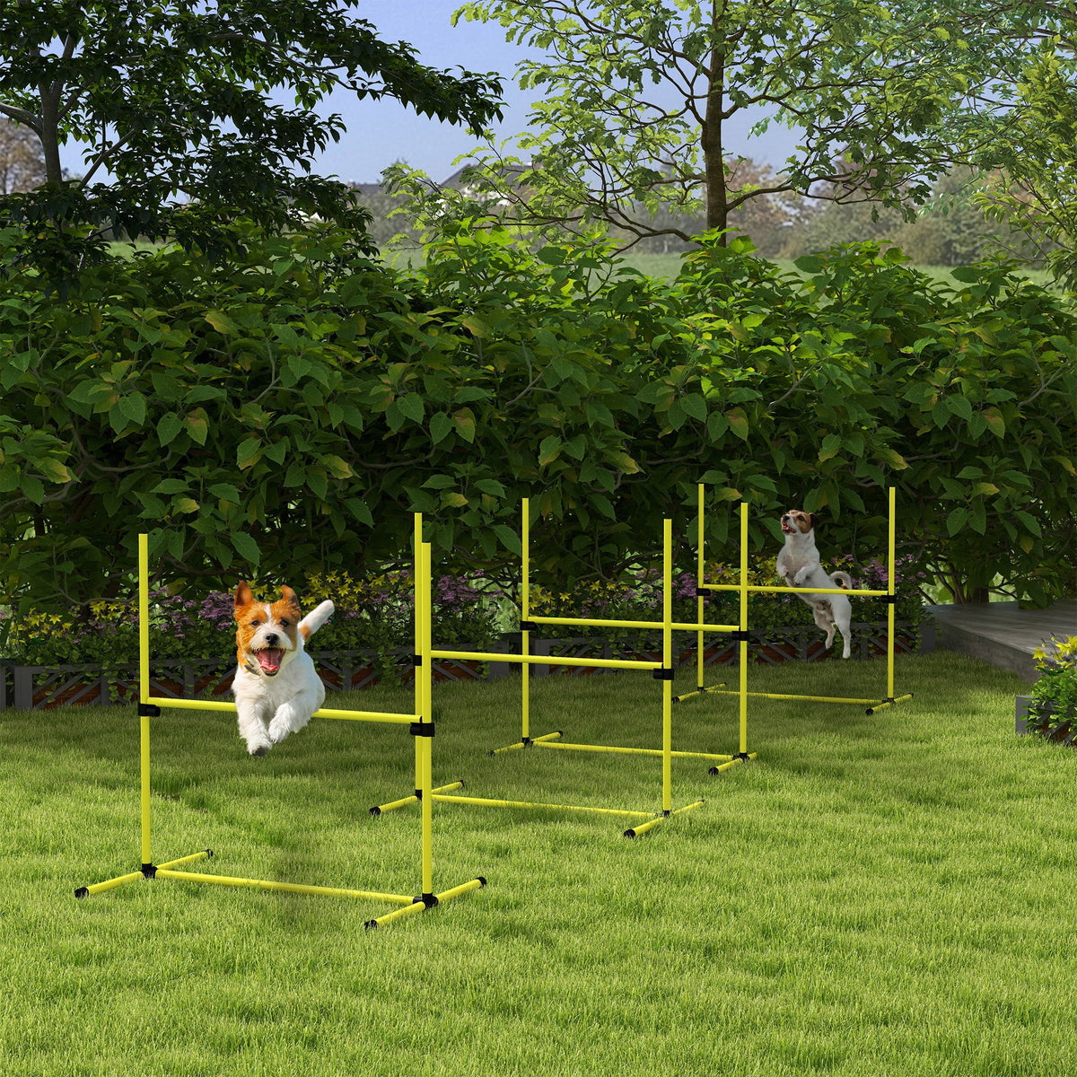 4 Piece Dog Agility Set with Adjustable Height Jump Bars, Carry Bag, Displacing Top Bar, Yellow Yellow