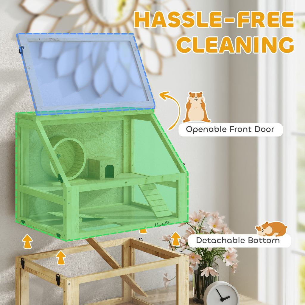 3 Tier Wooden Hamster Cage w/ Detachable Bottom, Hut, Seesaw, Exercise Wheel, Ramps, 24" x 16" x 29.5"