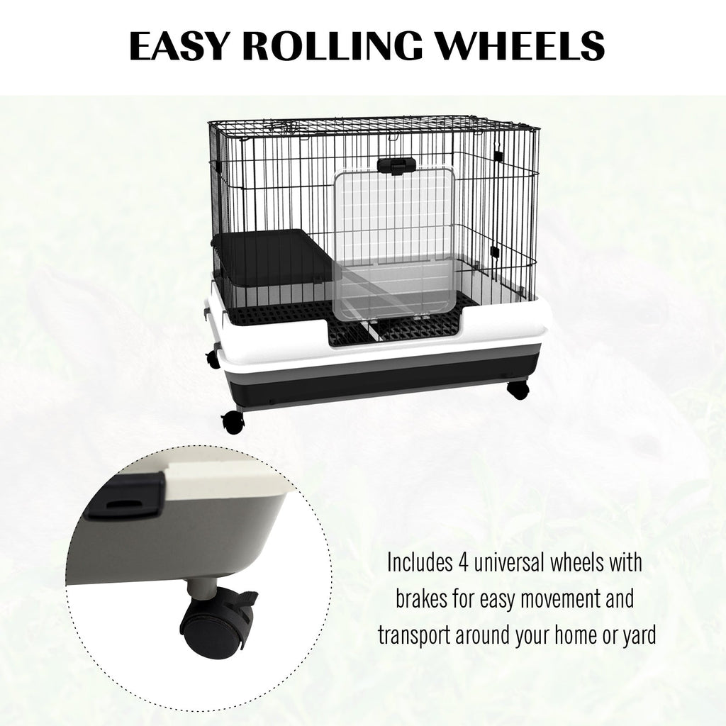 2-Level Small Animal Cage Rabbit Hutch with Wheels, Removable Tray, Platform and Ramp for Bunny, Chinchillas, Ferret, Black