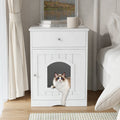 White Wooden Cat Litter Box Enclosure W Drawer & Side Table, Indoor Pet Crate Nightstand For Home