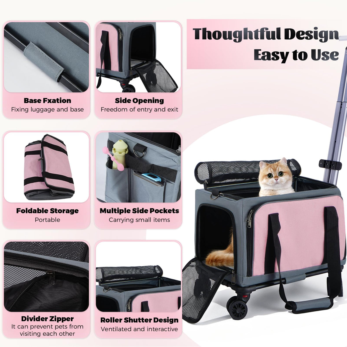 3-Sided Expandable Rolling Pet Carrier With Wheels, Small Cat Dog Travel Carrier, Foldable Portable Bag Grey  For Travel Camping Vet Outdoor Indoor Use