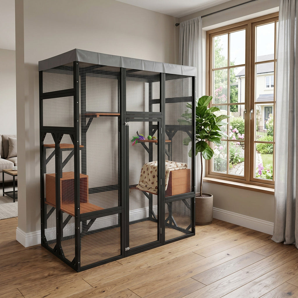 62.6" Black Wooden Catio for Cats, Large Cat Enclosure with Waterproof cover, 2 Napping House, Platforms & Galvanized Metal Wire – Secure Pet Cage Shelter