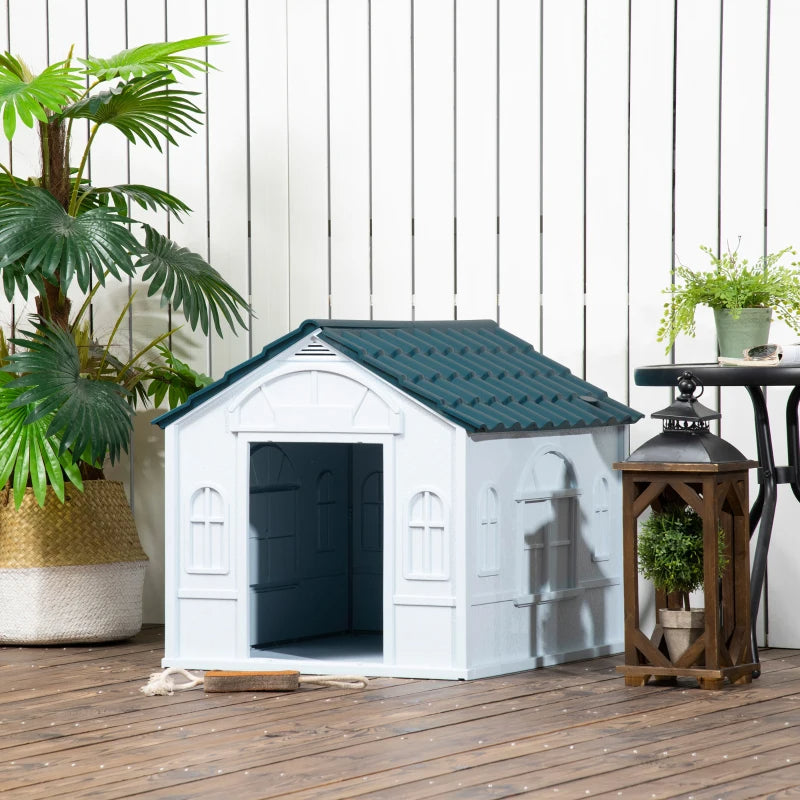 PawHut Plastic Dog House For Medium And Small Dogs, Water Resistant Puppy Shelter Indoor Outdoor With Door, Easy To Assemble, Blue