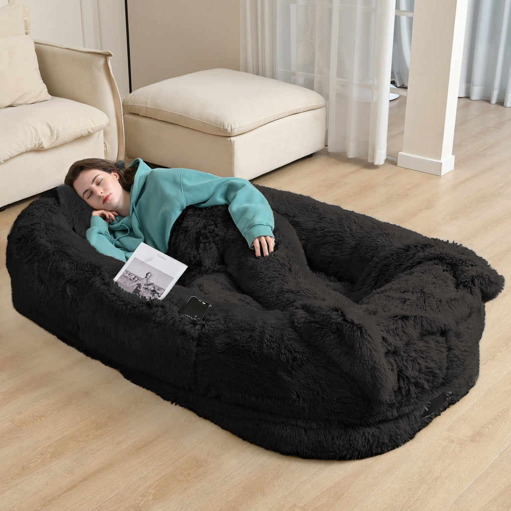 Oversized Human Dog Bed For Adults & Pets, 71 In X45 In X 12 In Ultra Soft Faux Fur Lounger, Washable Floor Bed With Orthopedic Support, Pillow & Blanket Included For Cozy Rest